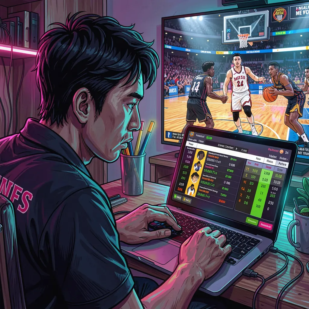 Focused Filipino man placing online basketball bets on a laptop while watching a live game on TV using the AQJILI betting platform in the Philippines