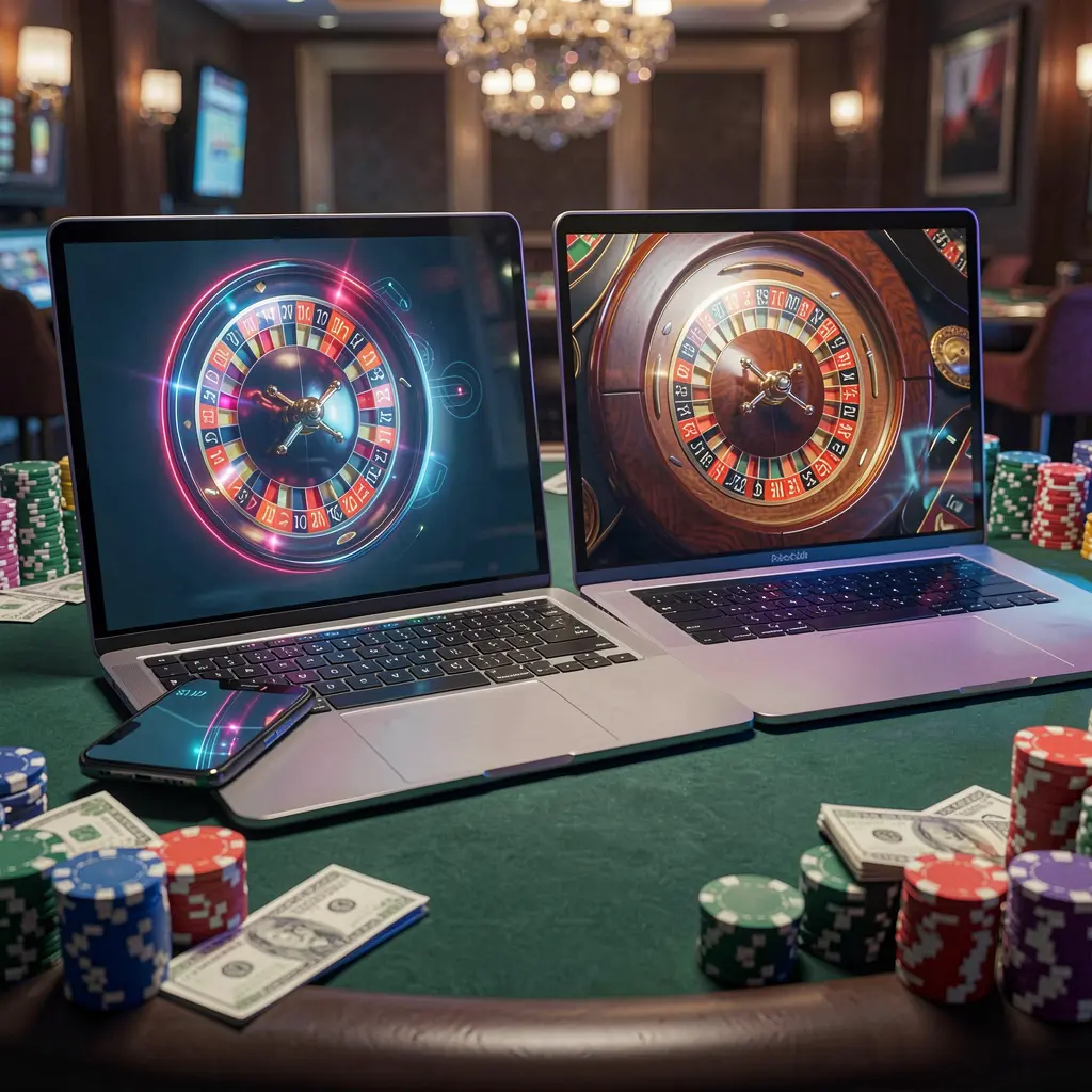 Futuristic casino scene with a roulette wheel on a laptop and smartphone surrounded by poker chips and cash showcasing the immersive AQJILI gaming experience for players in the Philippines