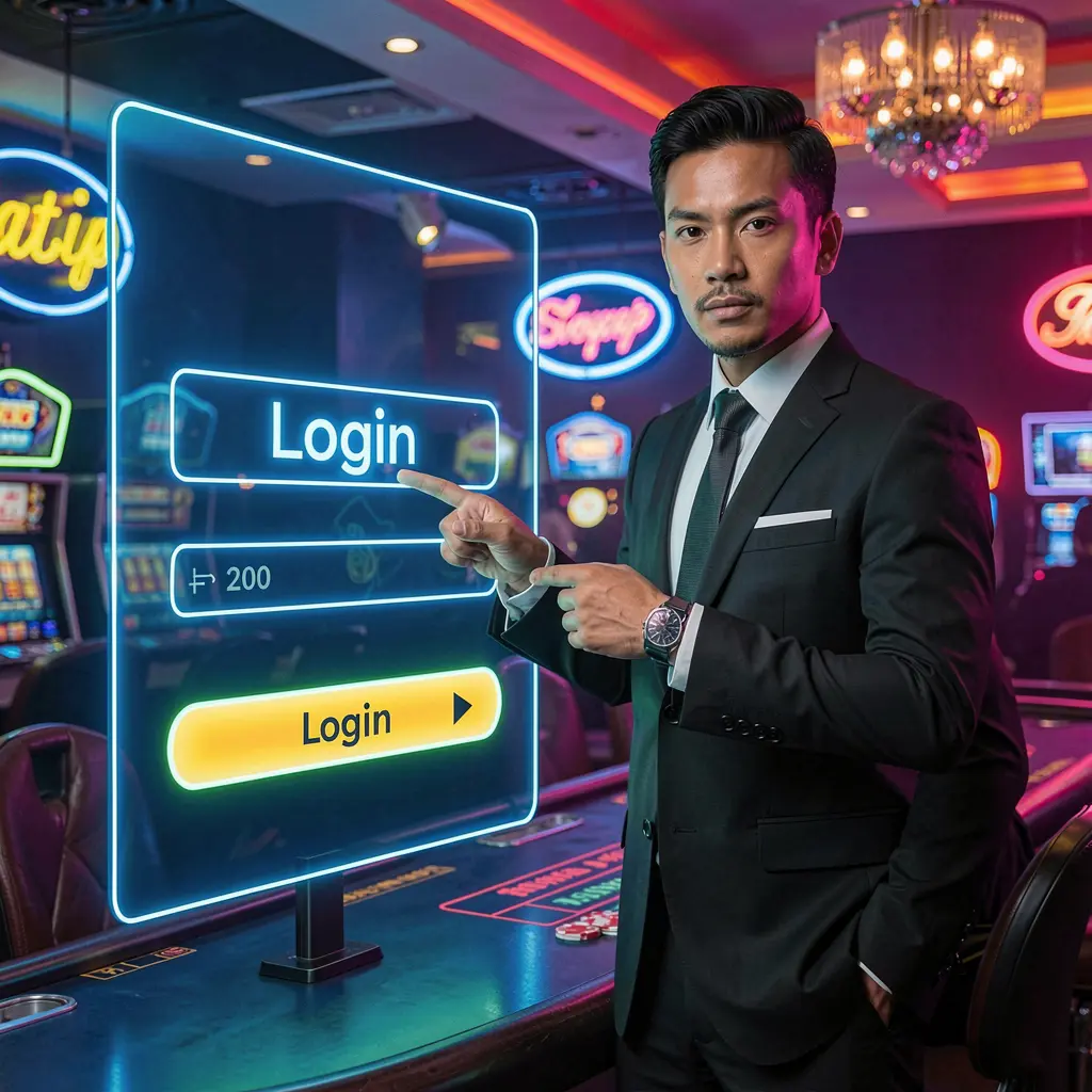 Confident AQJILI casino presenter in a modern studio pointing at a futuristic login interface representing secure access for players in the Philippines