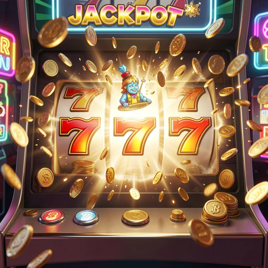 Luxury slot machine with glowing sevens and flying gold coins showcasing the high quality slot experience offered by AQJILI for players in the Philippines